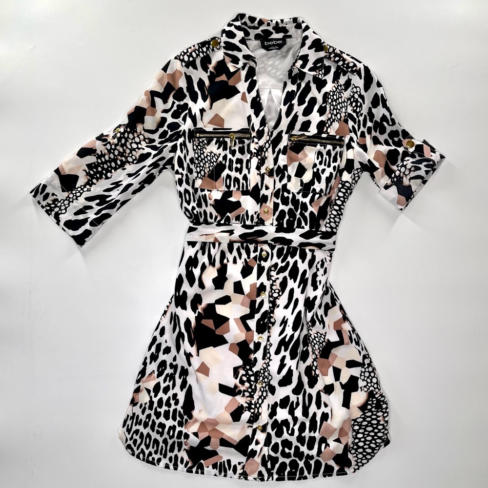 Bebe Animal Print Button Down Shirt Dress Roll Up Sleeves Tie Waist Like New XS